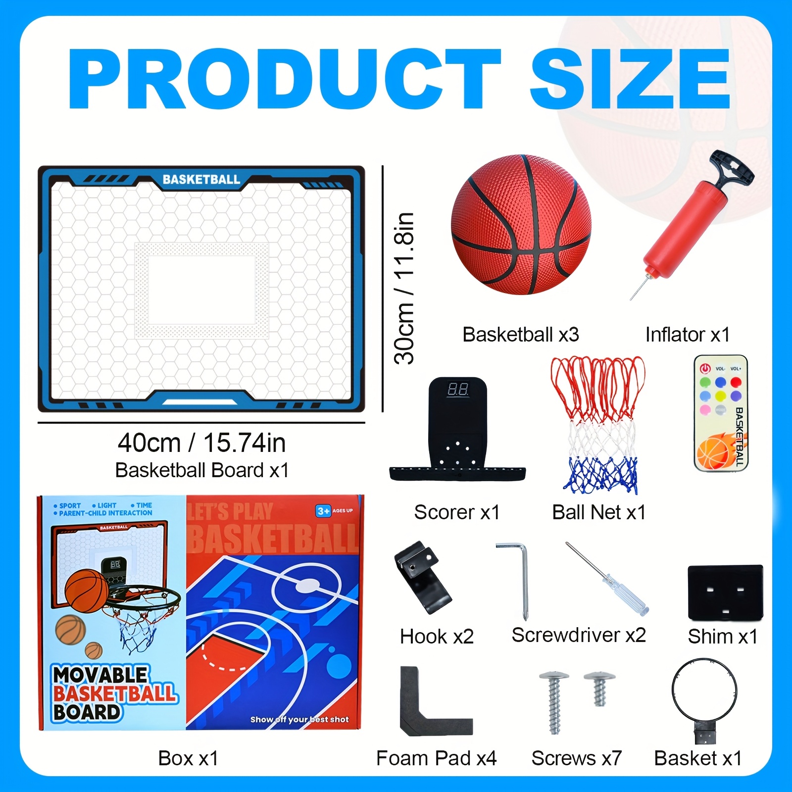 Indoor Mini Basketball Hoop for Kids, Basketball Hoops Over The Door with LED Lighting, Mini Hoop with Scoreboard & 3 Balls, Basketball Toys Gifts for 5 6 7 8 9 10 11 12 Year Old Boys Girls