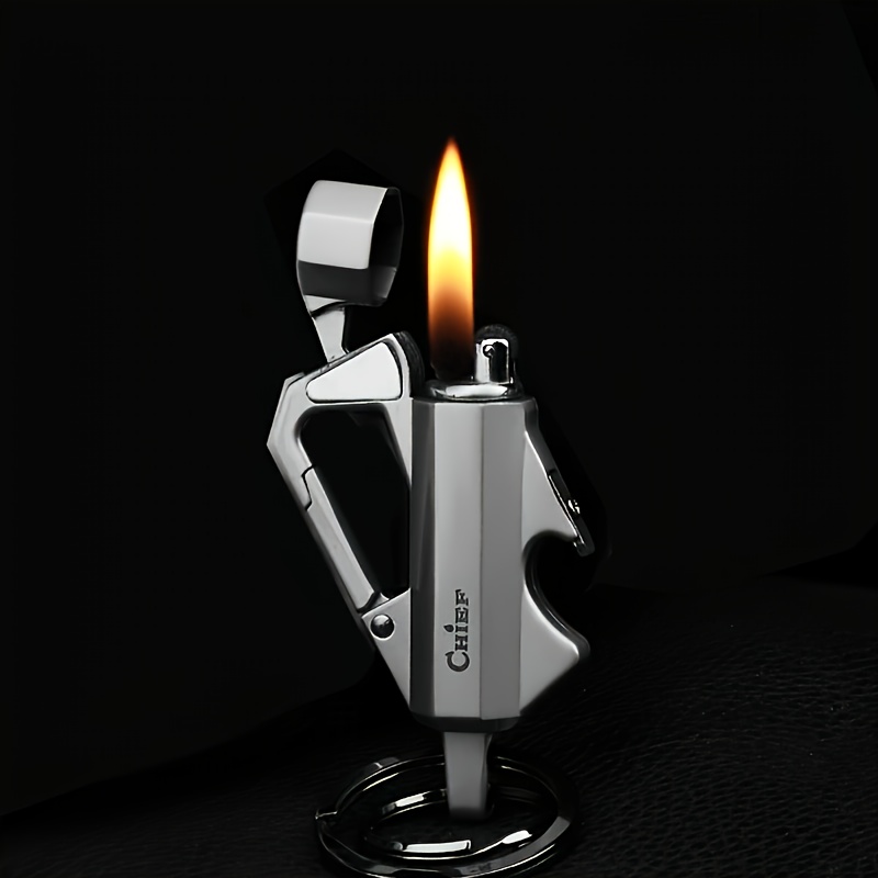 TEMU (kerosene Not Included)mini Metal Portable Pocket Kerosene Lighter - Flintstone Wheel Design With Bottle Opener, Keychain, Perfect For Outdoor,