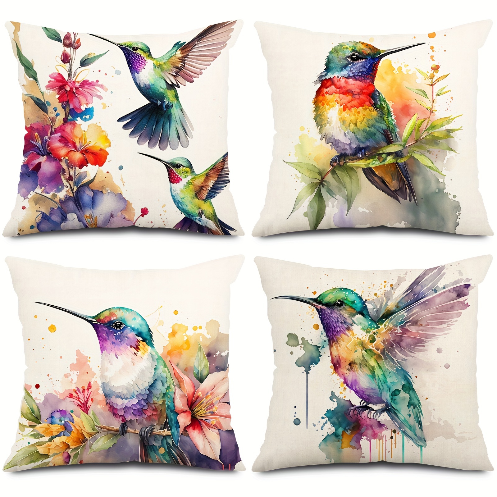

4-piece Set Of Colorful Hummingbird & Floral Throw Pillow Covers - Contemporary Linen Cushion Cases With Zipper Closure For Sofa, Bed, And Home Decor Decorative Pillows Pillows Decorative