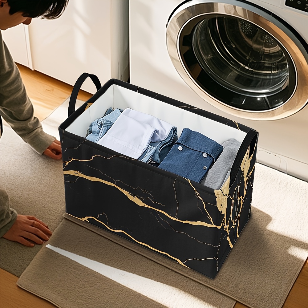 TEMU A Black Marble-patterned Golden Geometric Print Rectangular Storage Basket, Foldable Storage Box, With Sturdy Handles, Space- Design, Suitable