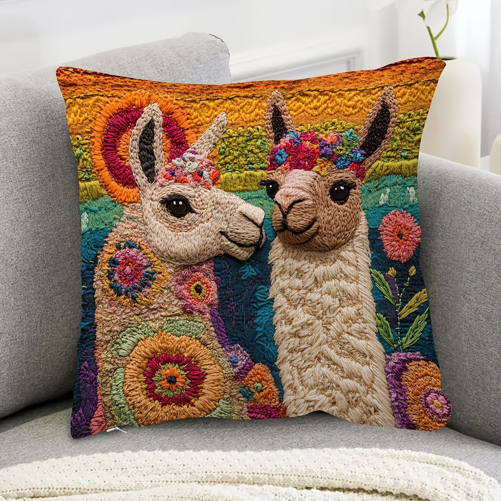 

1pc Vintage Style Hand-woven Polyester Pillow Cover, 18x18 Inch, Two-sided Short Plush, Llamas And Design, Decorative For Room Types, Hand Wash Only - Dcad0812