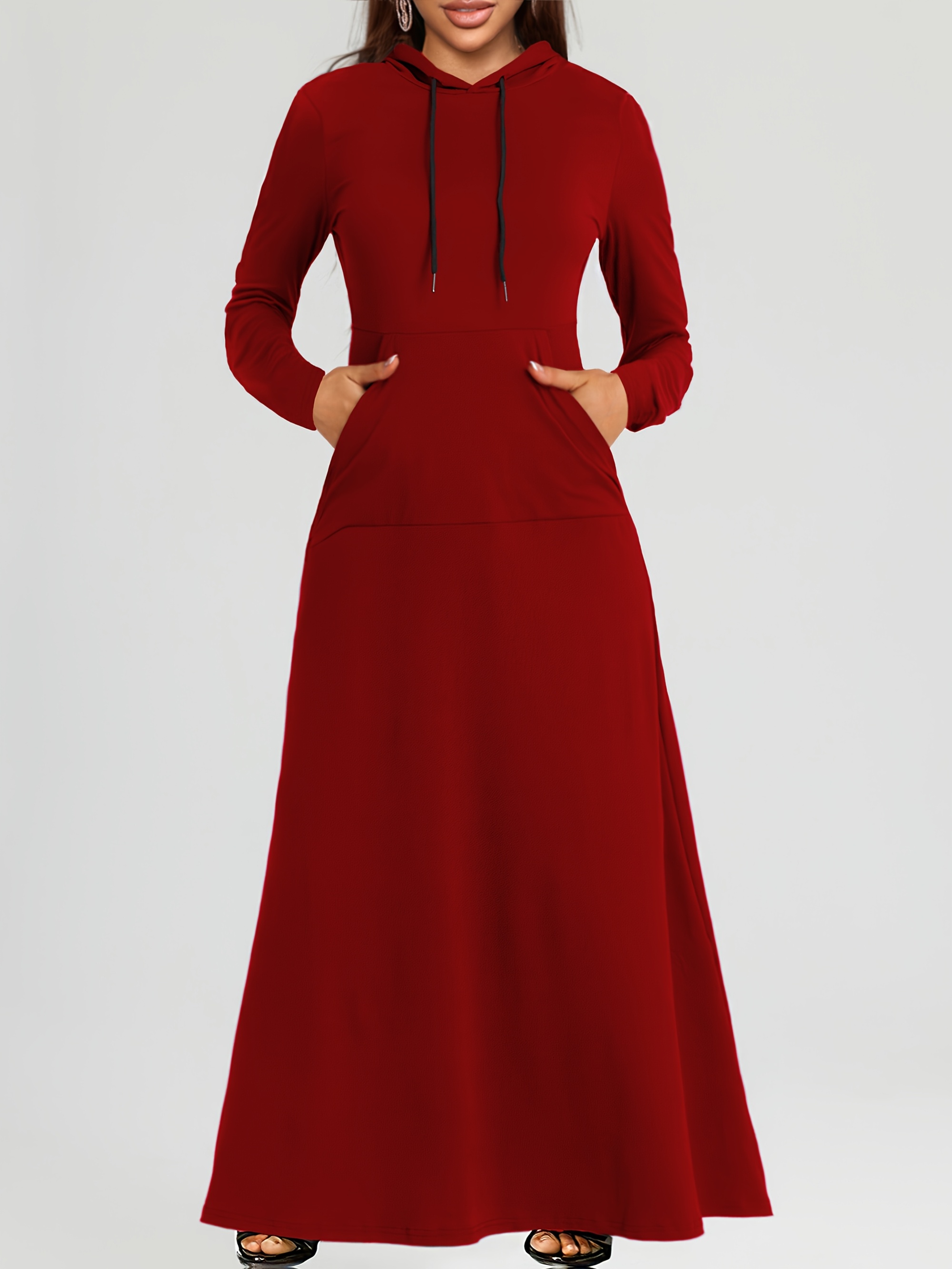 * Women'S Long Sleeve Hooded Dress with Pockets, Casual Elegant Solid Color  Flared Dress