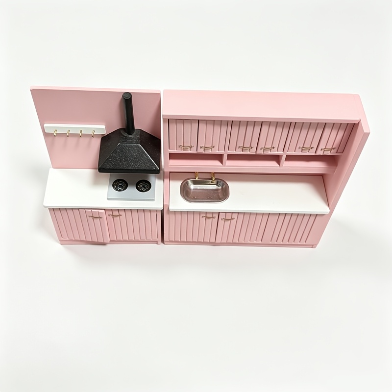 TEMU 1:12 Scale Dollhouse Kitchen Set, Pink Wooden Furniture Cabinet, French Country Style Miniature Scene Kitchen Decor Furniture - Includes Cabinet