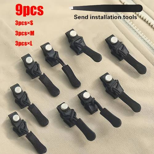 9pcs instant zipper repair kit suitable for clothing luggage and backpacks black sizes s m and l
