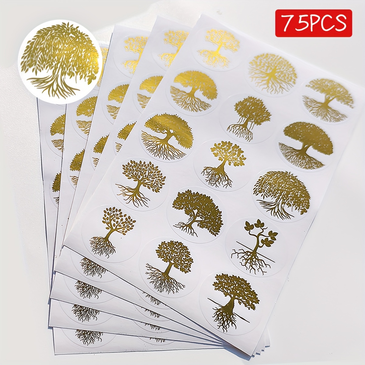 Image of 75/150pcs Tree Of Life Stickers - Elegant Foil-style Round Labels With Spiritual Nature Designs For Scrapbooking, Journals, Envelopes, Gift Wrapping, Crafts & Holiday Packaging