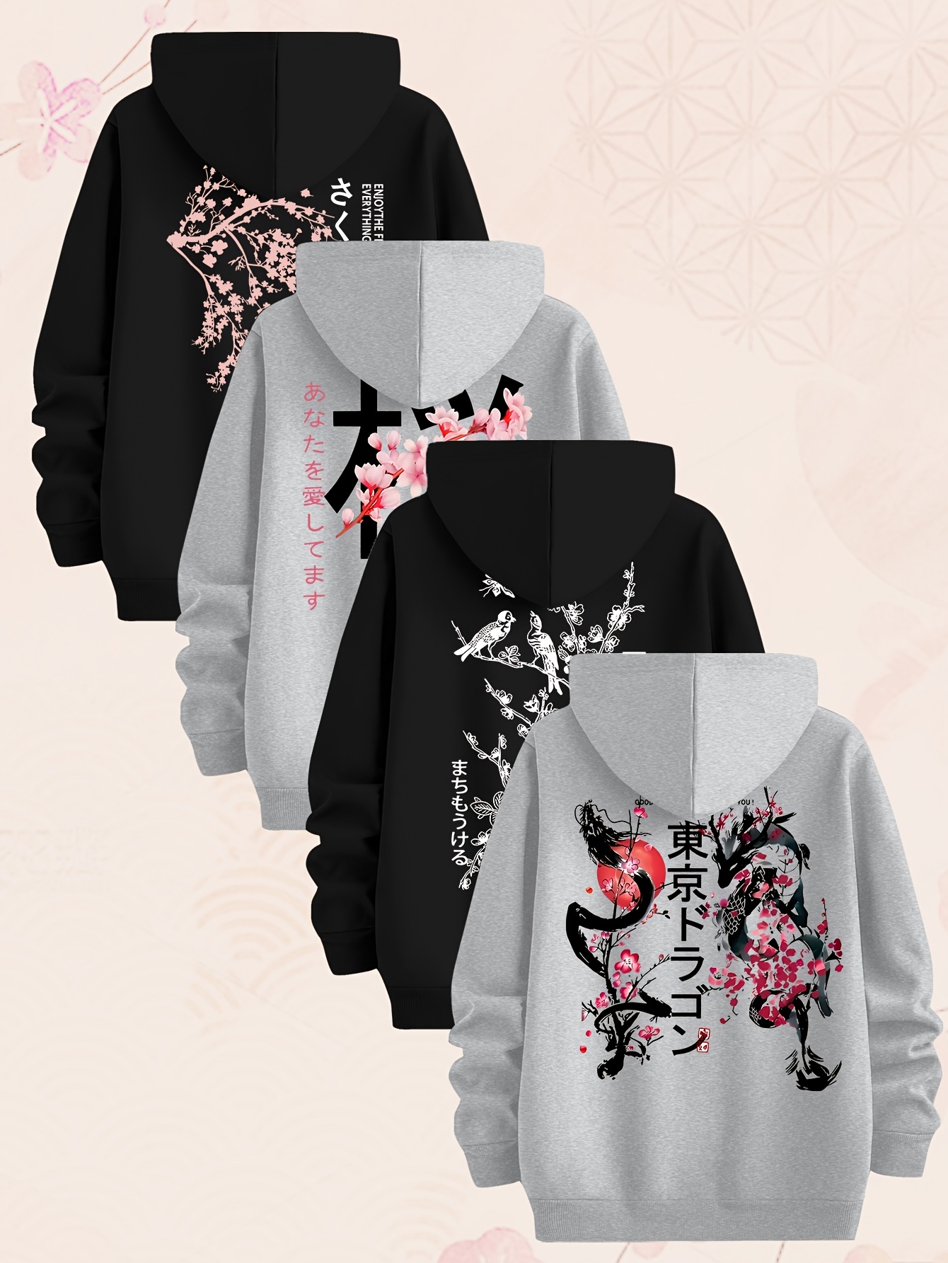 Tokyo Japanese-style Cherry Blossom Pattern Sweatshirt, Set of Four Men's Hoodies, Made of Polyester Knit Fabric, Casual Style, Regular Fit Hoodies