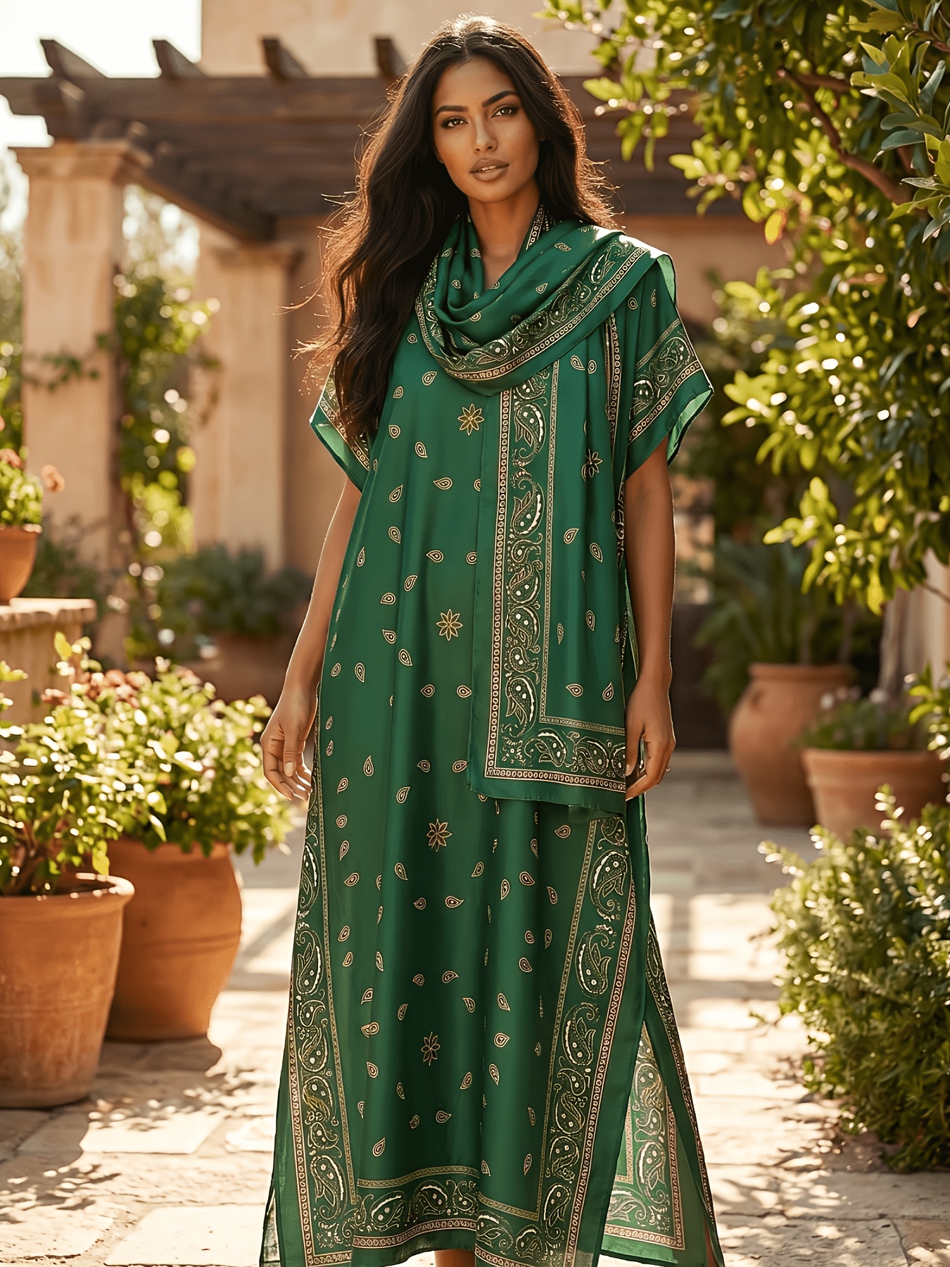 Plus Size, Women's Plus Size Kaftan Dress with Scarf, Green Water *  Pattern, Long Sleeve Round Neck Pullover Maxi Dress, Loose Fit for Daily or  Event Wear