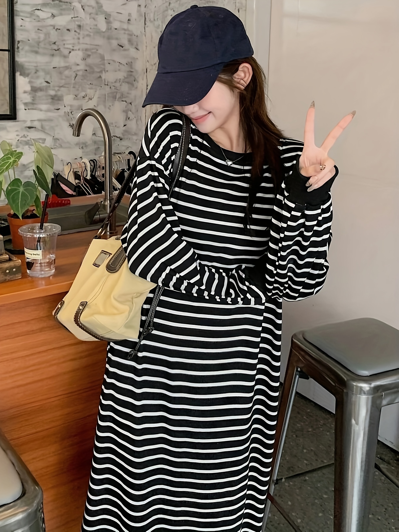 knee length dresses for ladies Vertical Stripe Maxi Dress- Black & White main image 1