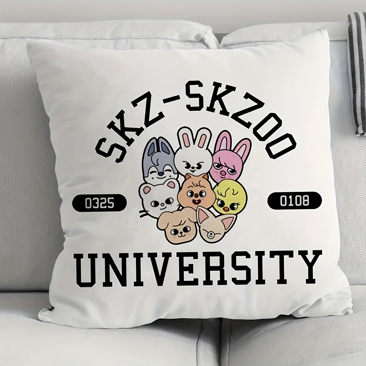 

1pc Velvet Kpop Skz- University Throw Pillow Cover - Cute Cartoon Rabbit Design, White Background With Black Text, Hand Wash Only, Zipper Closure, Home, Bedroom, Living Room, Sofa, Or , Cute Pillows