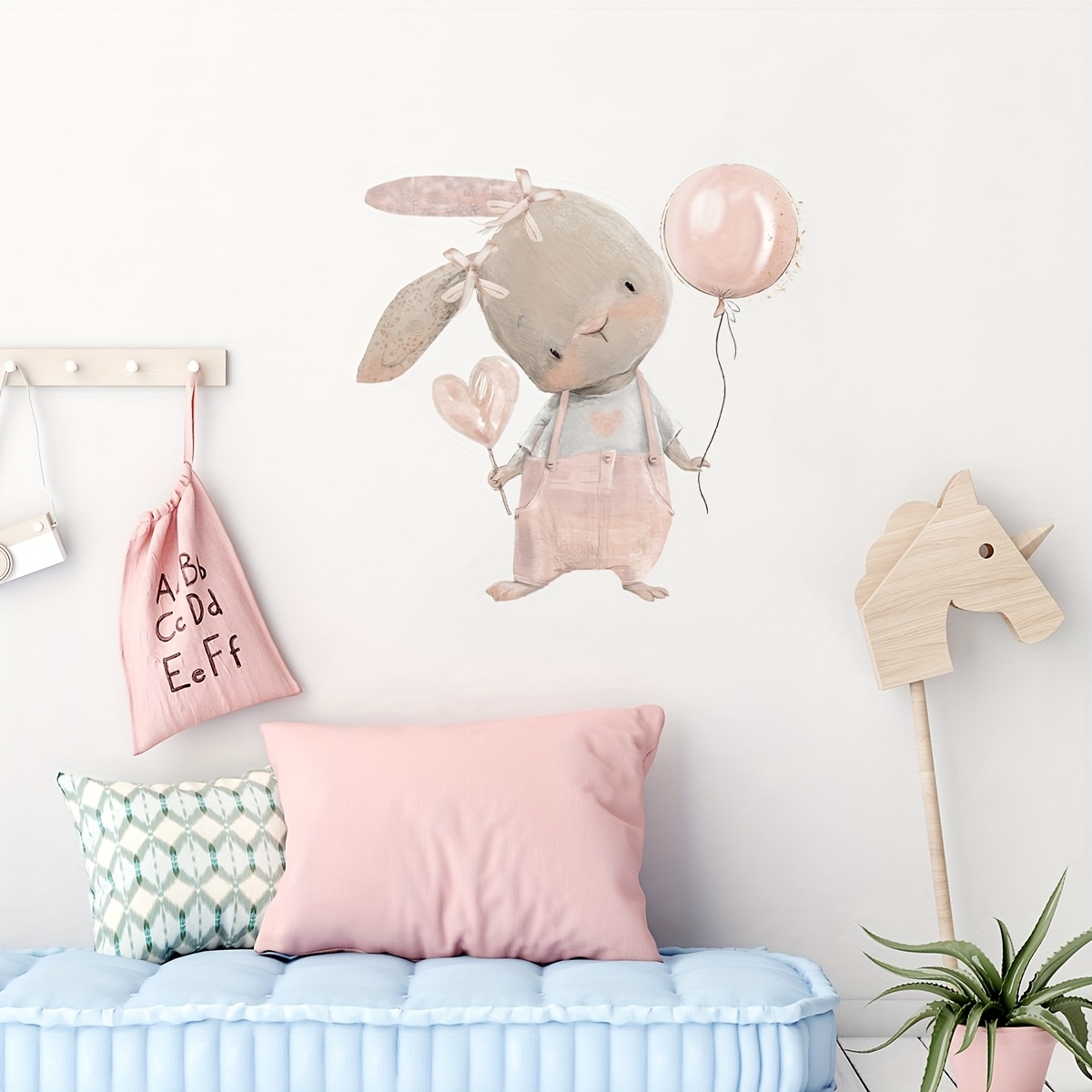 1pc Brup Cute In Strap Pants With Balloon Wall Art Sticker - Self-adhesive Pvc Animal Decor For Bedroom, Living Room, Entryway, Porch - Semi-, & Stick Design, Rabbit Decor, Entryway Decoration
