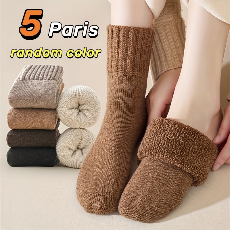 5 Pairs Women'-thick Chenille-lined Fleece Thermal Socks - Mid-calf , Random Anti-cold Solid Color Socks For Autumn & Winter, Hand Wash/, Fluffy Socks, Cold Weather Essentials, Plush Sock Design