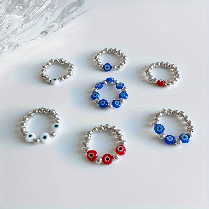 Evil Eye Protection Ring Stackable Adjustable Silvery Beaded Jewelry for Women