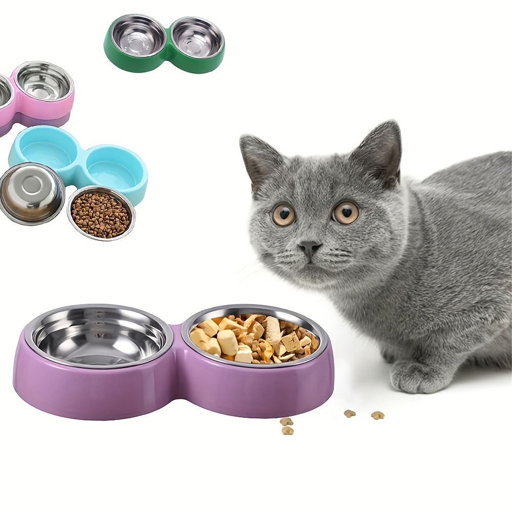 

Stainless Steel Double Cat Bowl With Non-slip Base - Durable Pet Feeder For Food & Water, Ideal For Cats