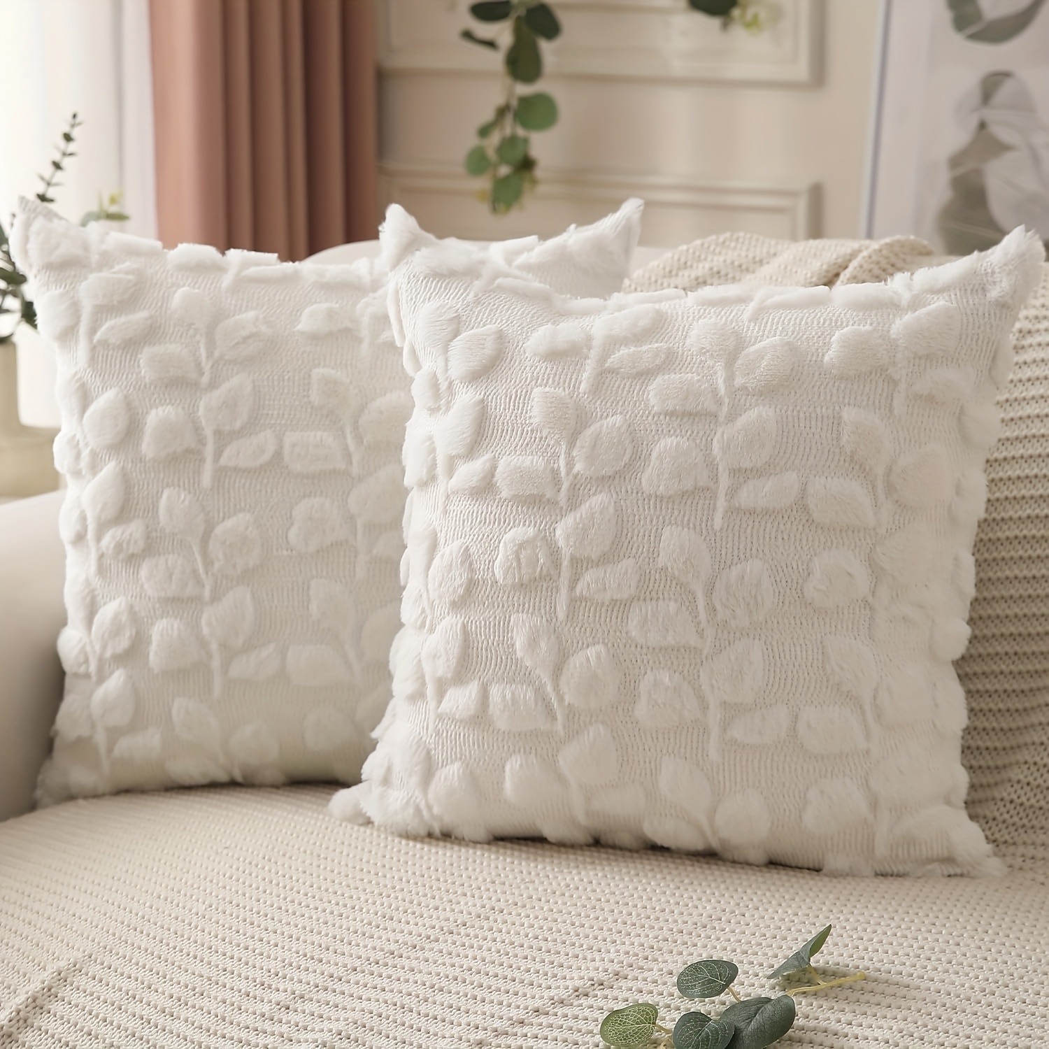 Image of Set Of 2 Spring Pillow Covers 18x18 Inchfarmhouse Decor Cream White Beige Eucalyptus Leaves Soft Plush Faux Fur Jacquard Spring Summer Throw Pillow Covers For Bedroom Sofa Home Decor