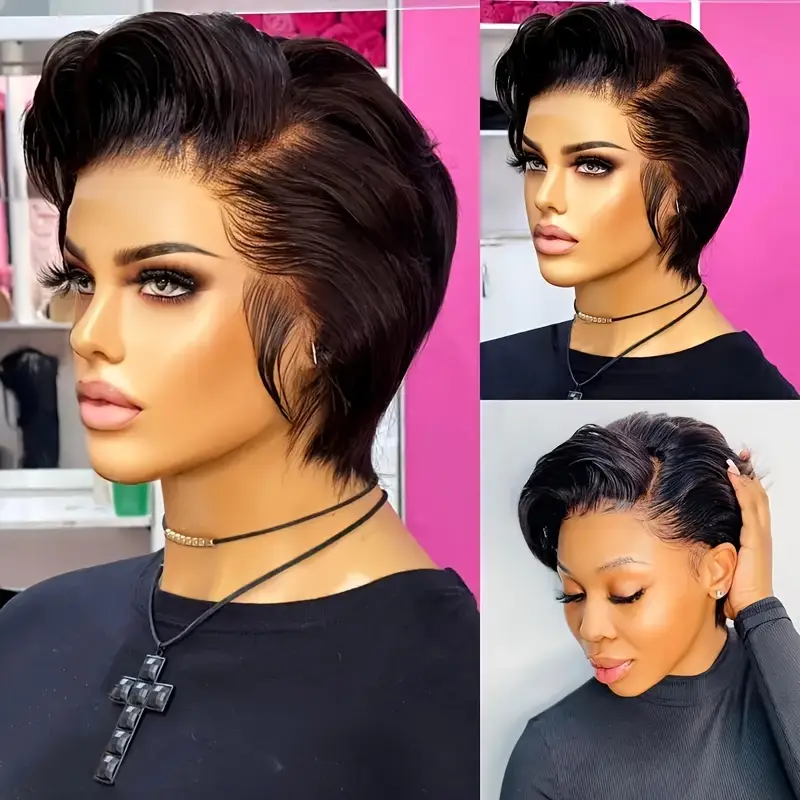 chic cut human hair wig for women 6 inch short bob with t part lace frontal 180 density glueless side part bangs straight style 13x4x1 lace area african american women details 2