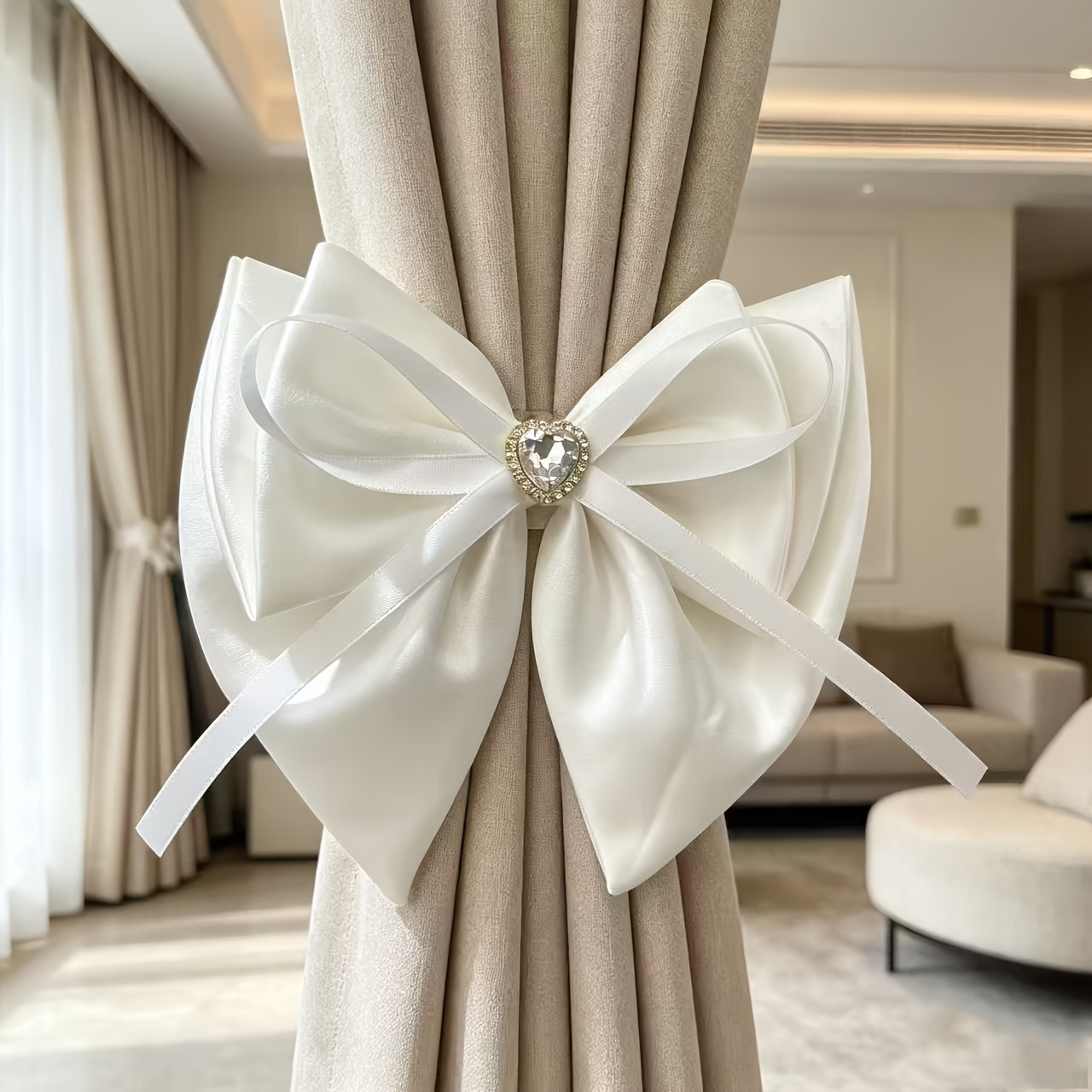 TEMU Satin Bow Curtain Tiebacks, Heart Crystal For Home Decor