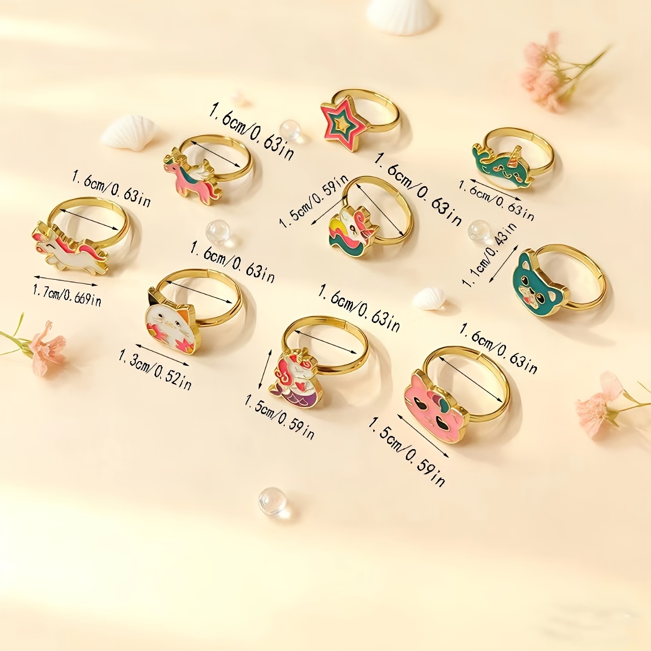 12pcs Girls' Adjustable Animal Style Rings Set