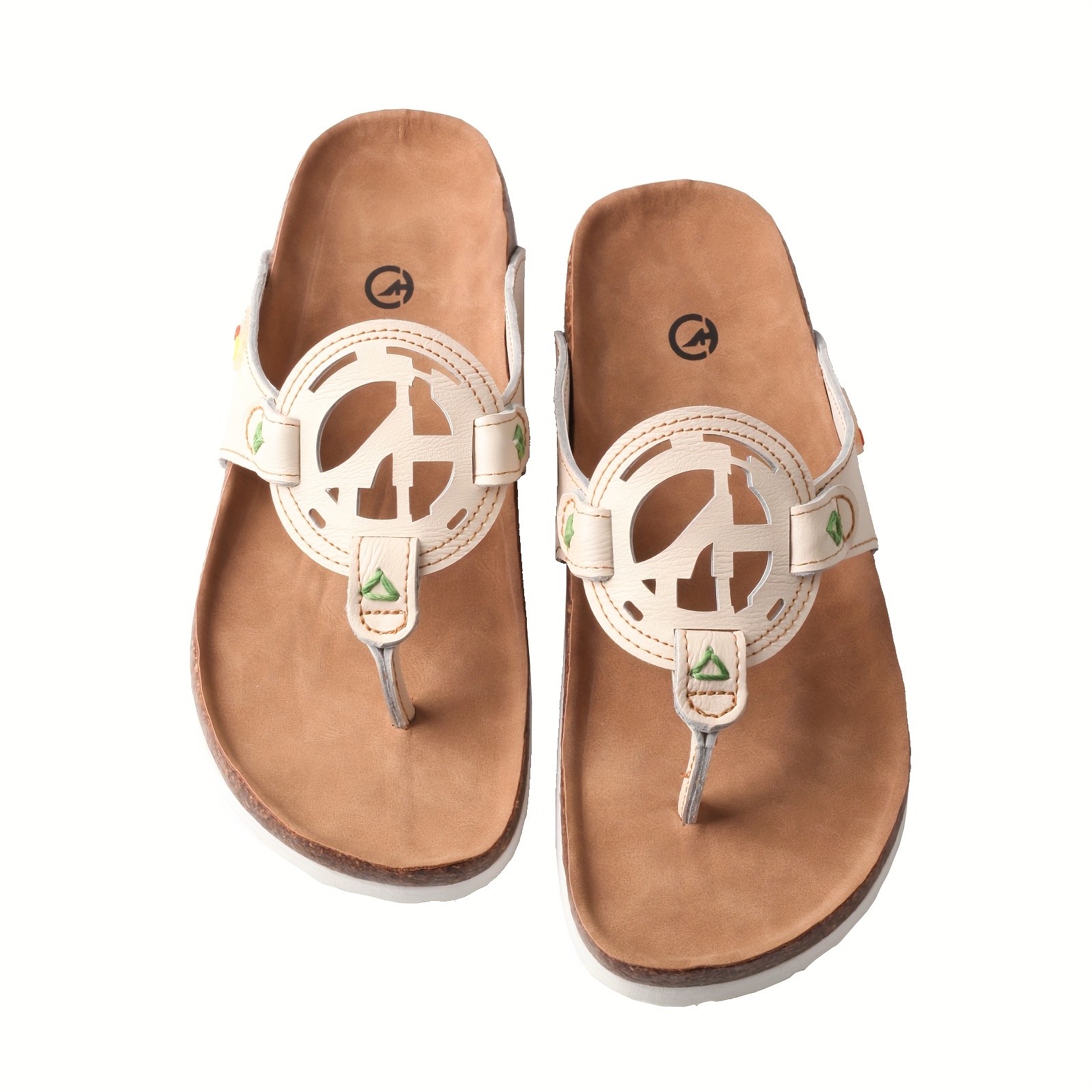   womens summer handcrafted anti slip comfortable casual hollow flip flops genuine leather upper insole eva sole split toe design beige with green stitching ladies sandals Product details 7