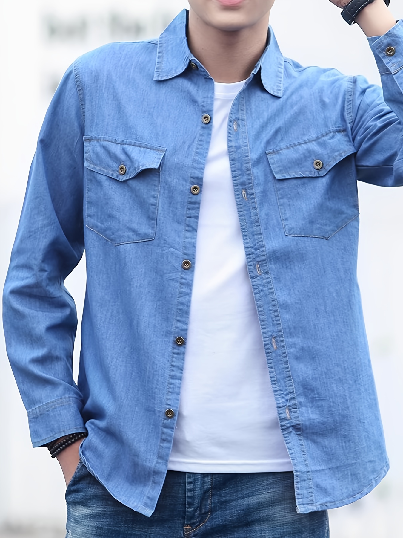Korean Style Men's Long Sleeve Thin Fit Casual Denim Shirt for Spring and Autumn, Workwear Jacket
