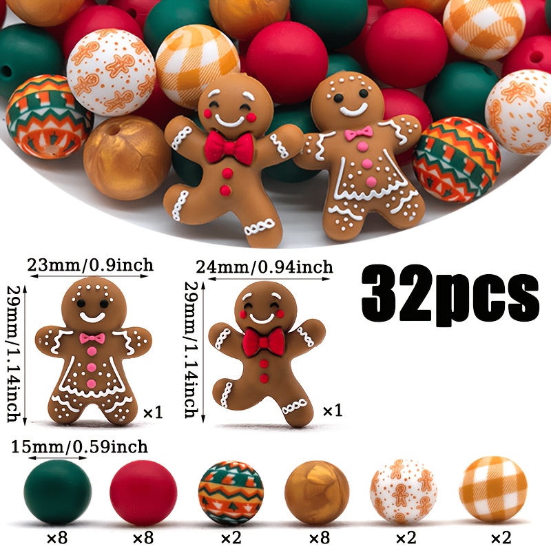 TEMU 32pcs Silicone Beads, Christmas-themed Round Loose Spacer Beads In Red And Green Color Scheme Printed With And Gingerbread Man Patterns, Ideal