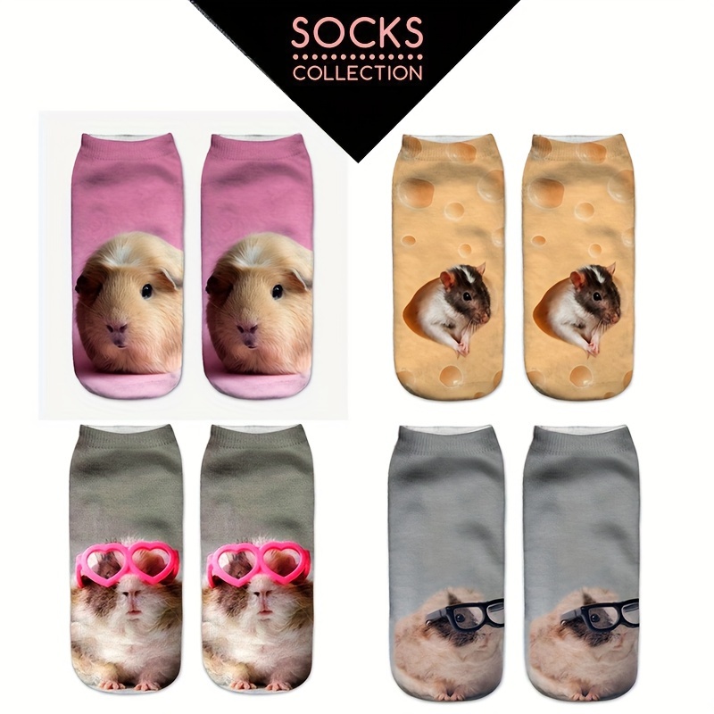 4 Pairs Of New 3d Printed Socks With Cute Mouse Pattern, Cartoon Three-dimensional Socks, Trendy Unisex Short Socks/ Socks With Single-sided Printed Design