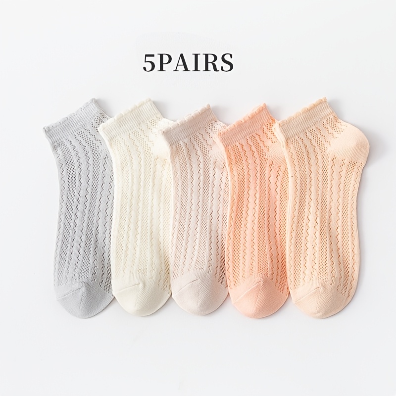 5-pair Women's Mesh Cut-out Ankle Socks, Lace-trimmed Low-cut Socks, Spring/summer Lightweight Breathable Ruffle-trimmed Socks, Sweet Casual Everyday Low-