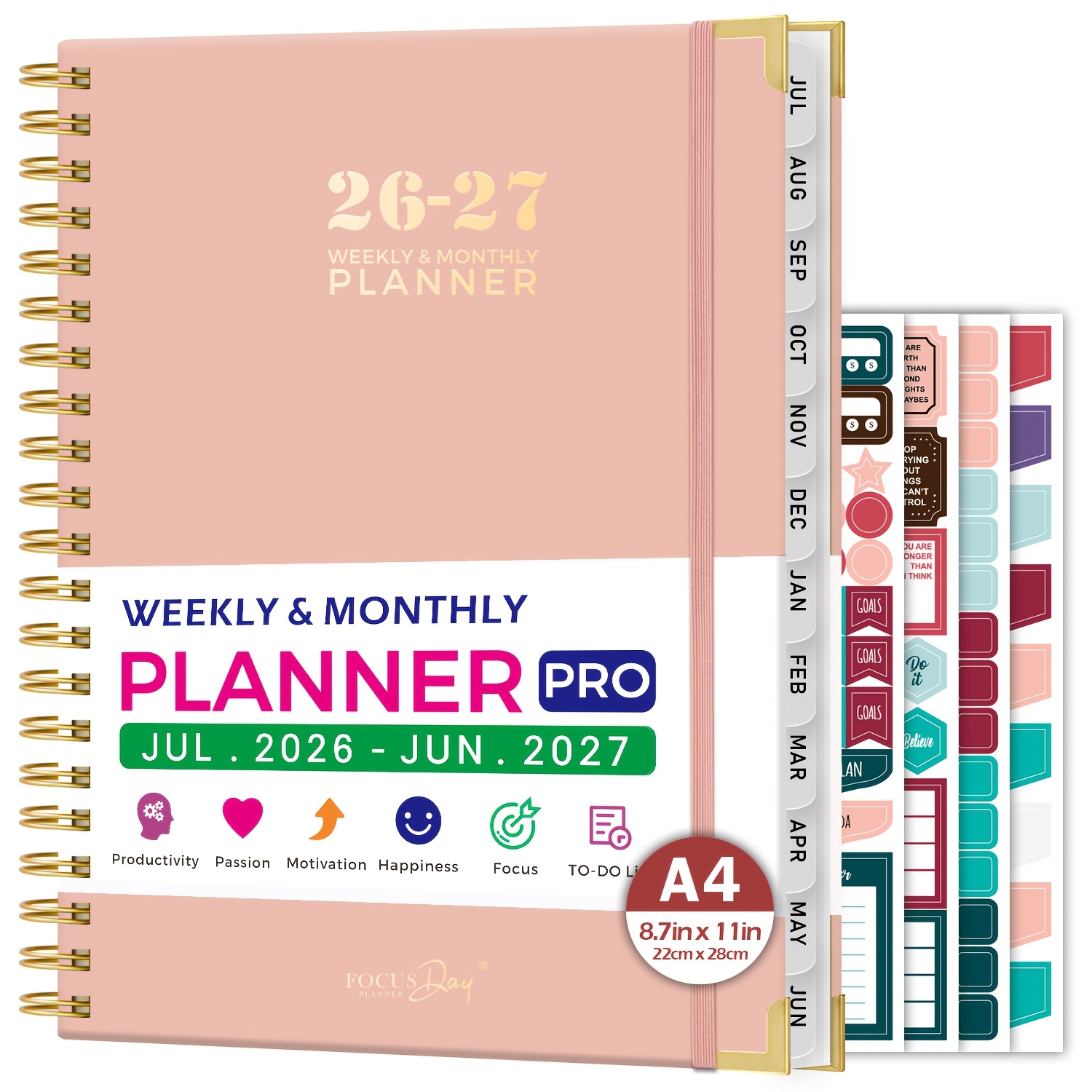 TEMU 2026-2027 Academic Planner, July 2026 - 2027, 8.5" X 11", A4 Large Spiral Agenda Daily Planner With Monthly Tabs, Stickers, For Office Schedule,