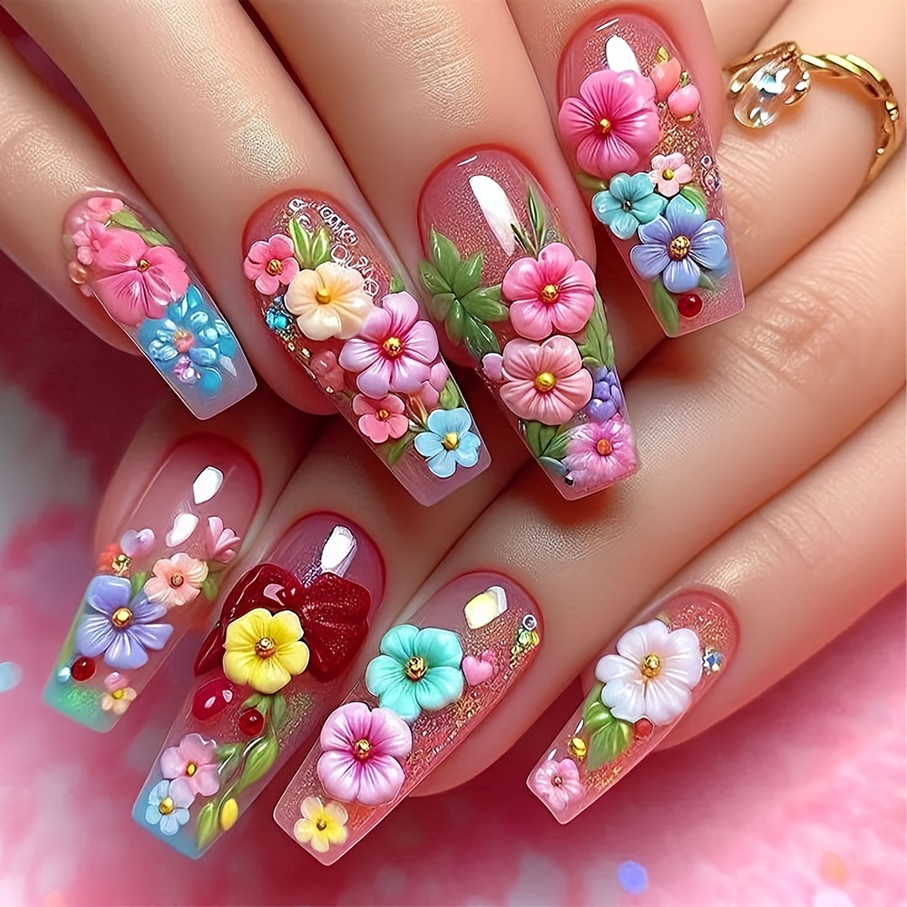 TEMU 24 uñas postizas de ballet de tamaño , diseño de con flores pintadas y , parche de uñas brillantes removibles