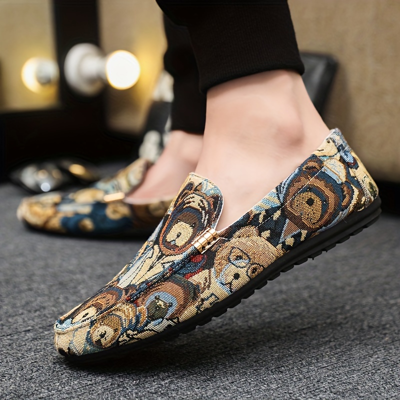 mens cartoon bear color block pattern slip on canvas loafer shoes comfy non slip rubber sole durable walking shoes mens footwear men s shoes details 7