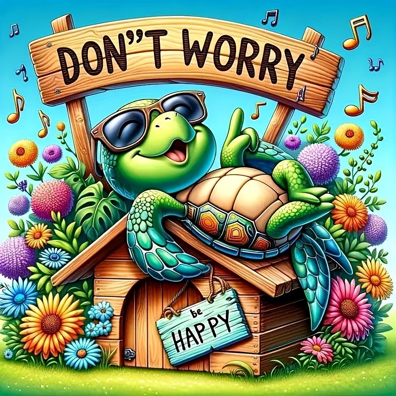 

5d Acrylic Diamond Painting Kit For Adults - "don't Worry Be Happy" Turtle Theme, Full Drill Diy Paint By Numbers Set, Arts And Crafts For Home Wall Decor (tools And Accessories Included)