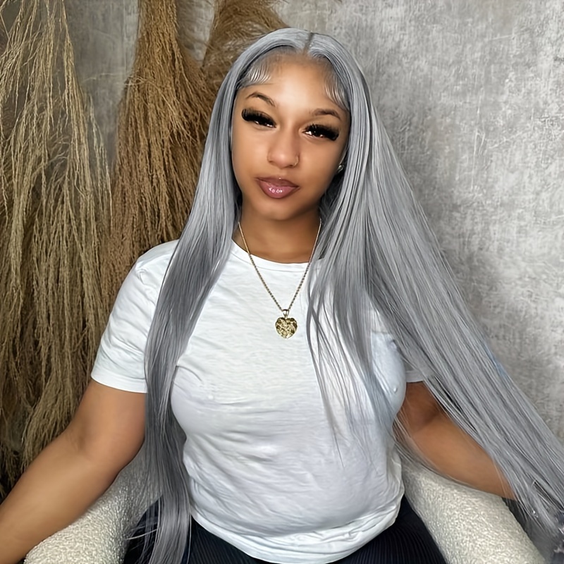 Silvery Grey Colored Straight Lace Front Wigs 13x4 Lace Front Human Hair Wigs Pre Plucked Brazilian Virgin Hair Lace Front Human Hair Wigs For Women Long Gray Colored Prepluck With Baby Hair Hairline