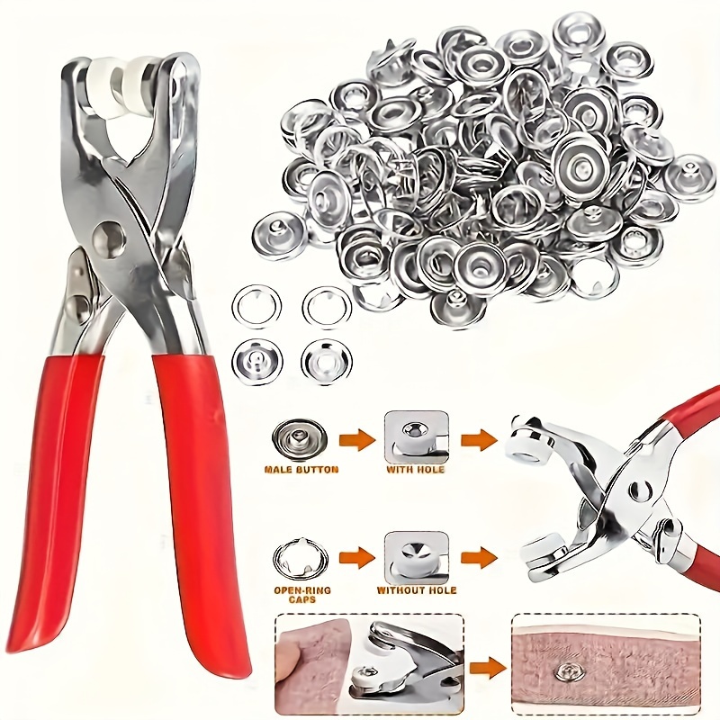 

200-piece Stainless Steel Fastener Pliers Set - Red, Metal Gripper Tool For Sewing & Crafts, Ideal For Jackets, Jeans, Bags