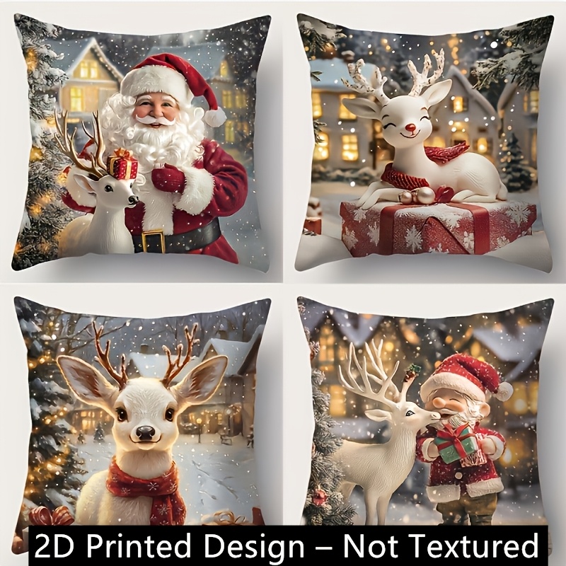 TEMU Printed Design – Not Textured, 4pcs Christmas Pillow Covers, Medieval Style Santa Reindeer Snow Village Pattern, 100% Polyester Zipper Design