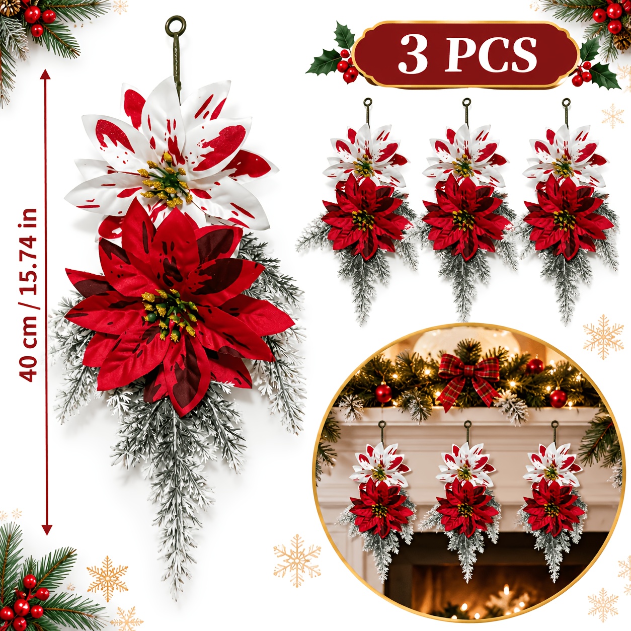 TEMU 3pcs Set - Extra Large Red And White Polka Dot Double Flower Christmas Decorations - Diy Christmas Ornaments, Christmas Atmosphere, Suitable For