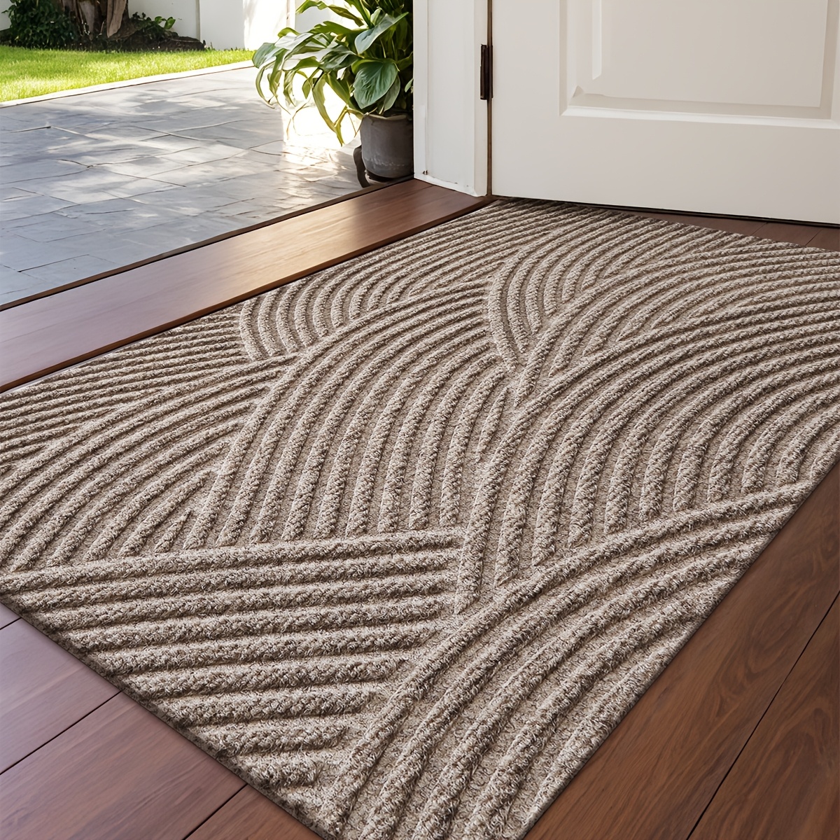   geometric stripe non slip mat durable polyester 100 hand wash only rectangular entryway mat for home office christmas decor gift beige brown striped design christmas     decor durable mat christmas decorations Product details 2
