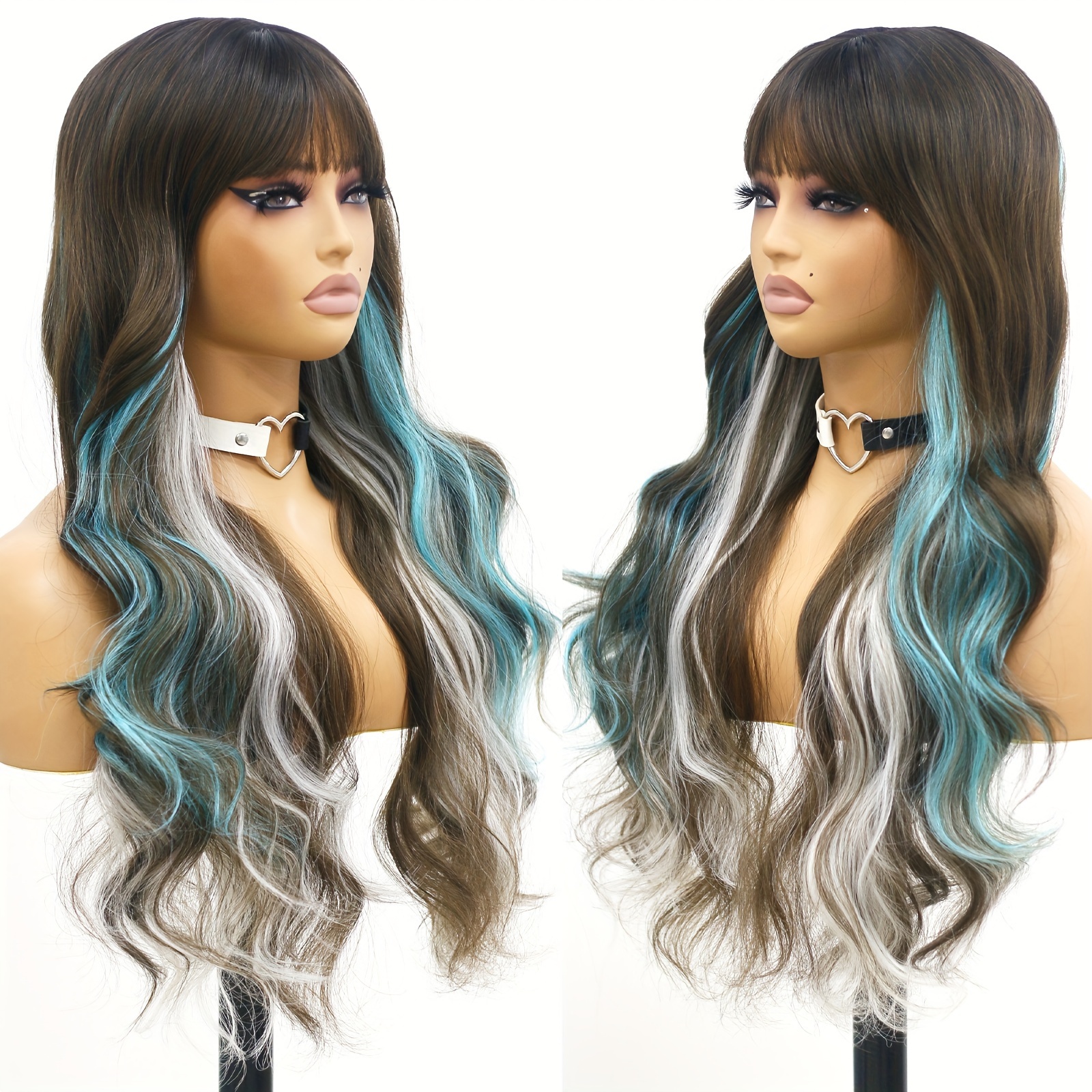 TEMU 26 Inch Long Wavy Ombre Highlight Blue To Brown Colorful Wigs With Bangs For Women Long Curly Resistant Fiber Mixed White Wigs For Halloween Daily Use Party Cosplay