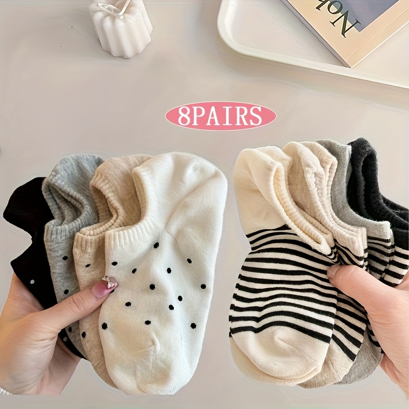 8-pack Mixed Color Polka Dot Striped Low-cut Socks For Women - Spring/autumn Simple Breathable Fashion Socks