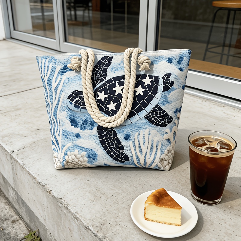 Image of Jigsaw Turtle Coral Ladies Tote Bag Hemp Rope Tote Large Capacity Beach Bag Seaside Vacation Commuting Shopping Multi-functional Bag Versatile Shoulder Bag Casual Travel Large Capacity Tote Bag