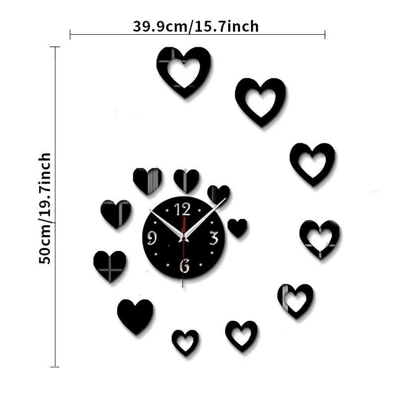 TEMU 1pc, Creative Heart-shaped Wall Clock With Mirrored Acrylic Heart Sticker, Silent Wall Clock, Frameless Wall Clock, Used For Living Room,