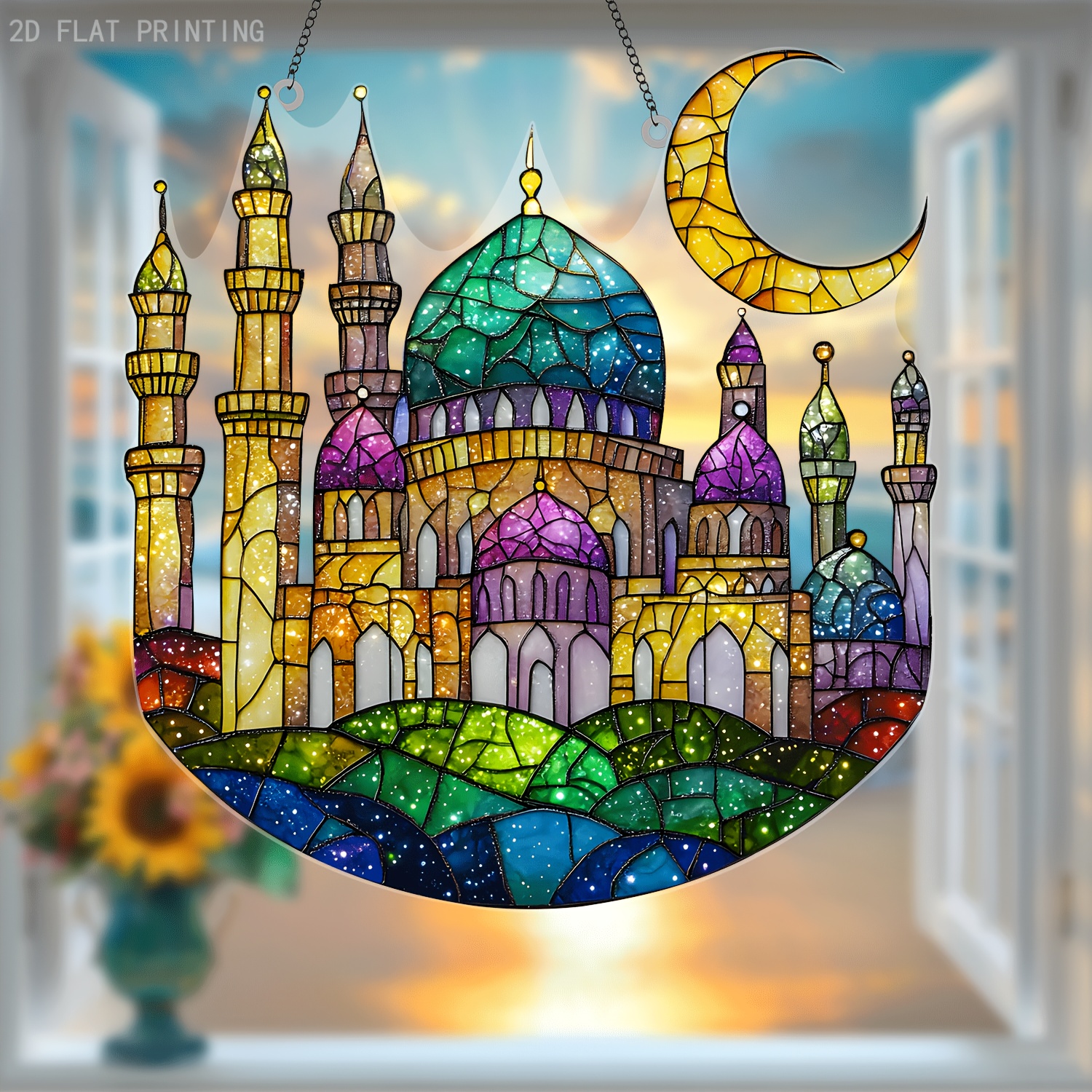 

1pc Eid Sun - 8.3" X 8.7" Plastic Ramadan Window Hanging Decor, Mosque Design, Theme, Arabic Eid Decoration For Home & Garden, Ramadan Porch Sign