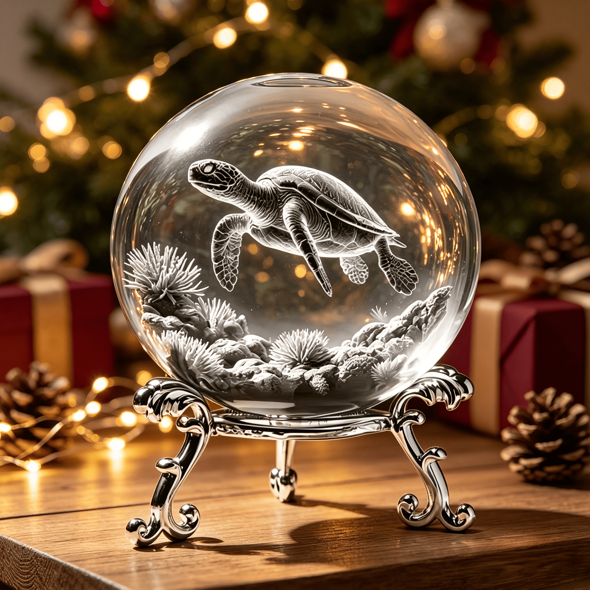 TEMU Sea Turtle Coral 3d Laser-engraved Crystal Ball Ornament With Silvery Carved Metal Stand, Ocean-themed Desktop Decoration, Creative Symbol Gift