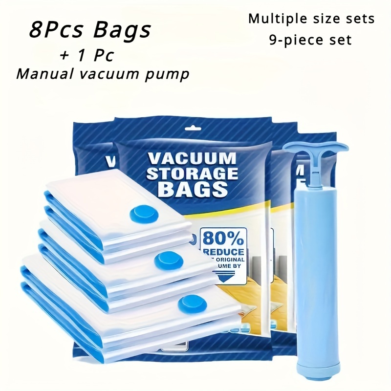 9 pack vacuum storage bags set with hand pump space saver compression bags for comforters blankets clothes multipurpose extended shape plastic no electricity needed details 0