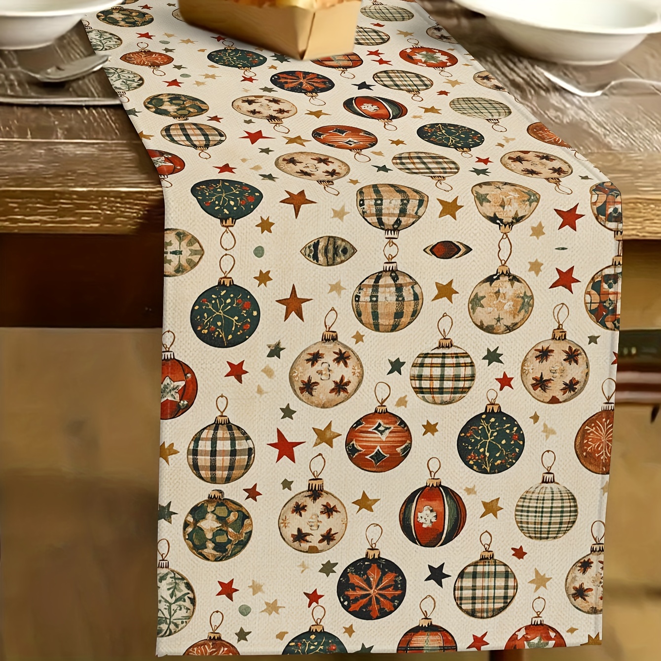 

Christmas Ball Linen Table Runner - Rectangular Knit Fabric , Vintage Design | Seasonal Home & Outdoor Party Decor, Christmas Holiday Decoration, 100% Linen Material For Dining Tables