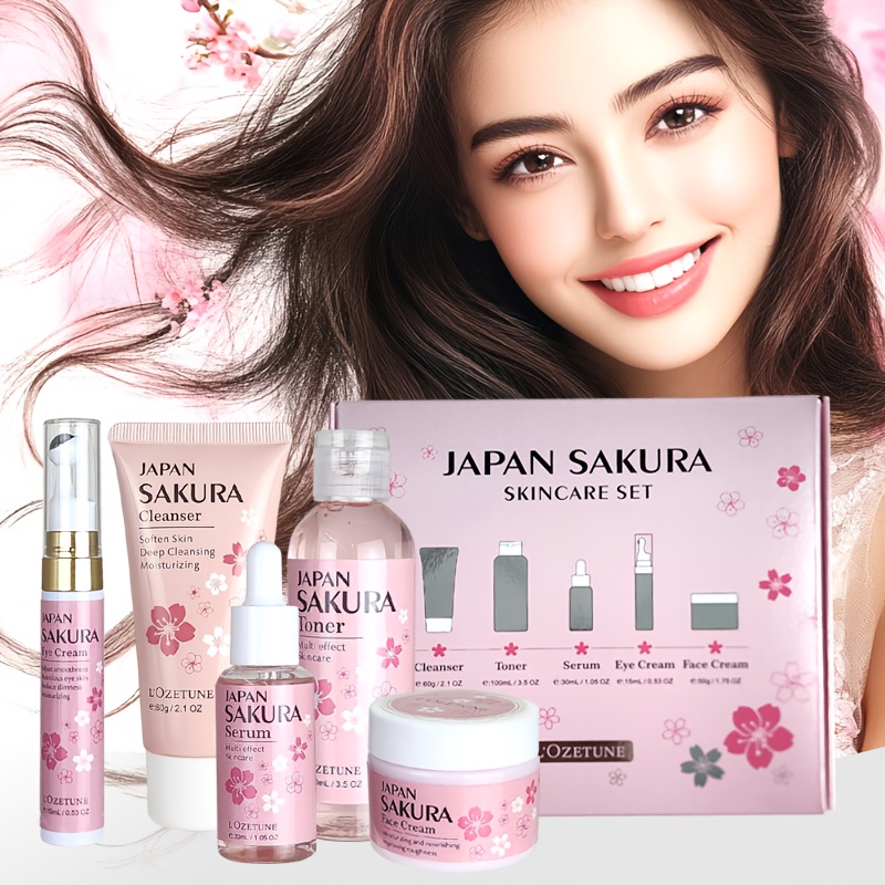 Cherry Blossom Skincare and Beauty Care Set, Includes Moisturizing Toner, Eye Cream, Facial Cleanser, Face Cream, and Cherry Blossom Essence. Suitable for All Skin Types: Dry, Normal, and Combination. Ideal for Post-facial Hair Removal Beauty Care. - Image 2