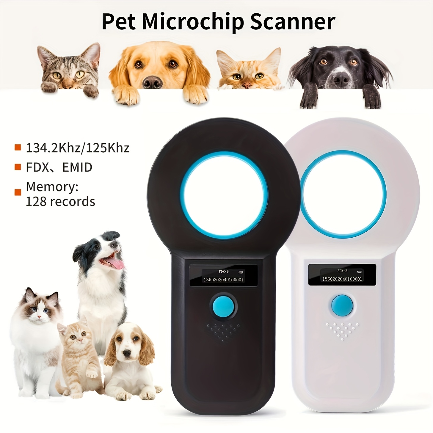 1pc RFID Pet Scanner Low Frequency () Reader with /, Compatible,  128-Record Memory OLED Display for Dogs, Cats, Cows, Sheep