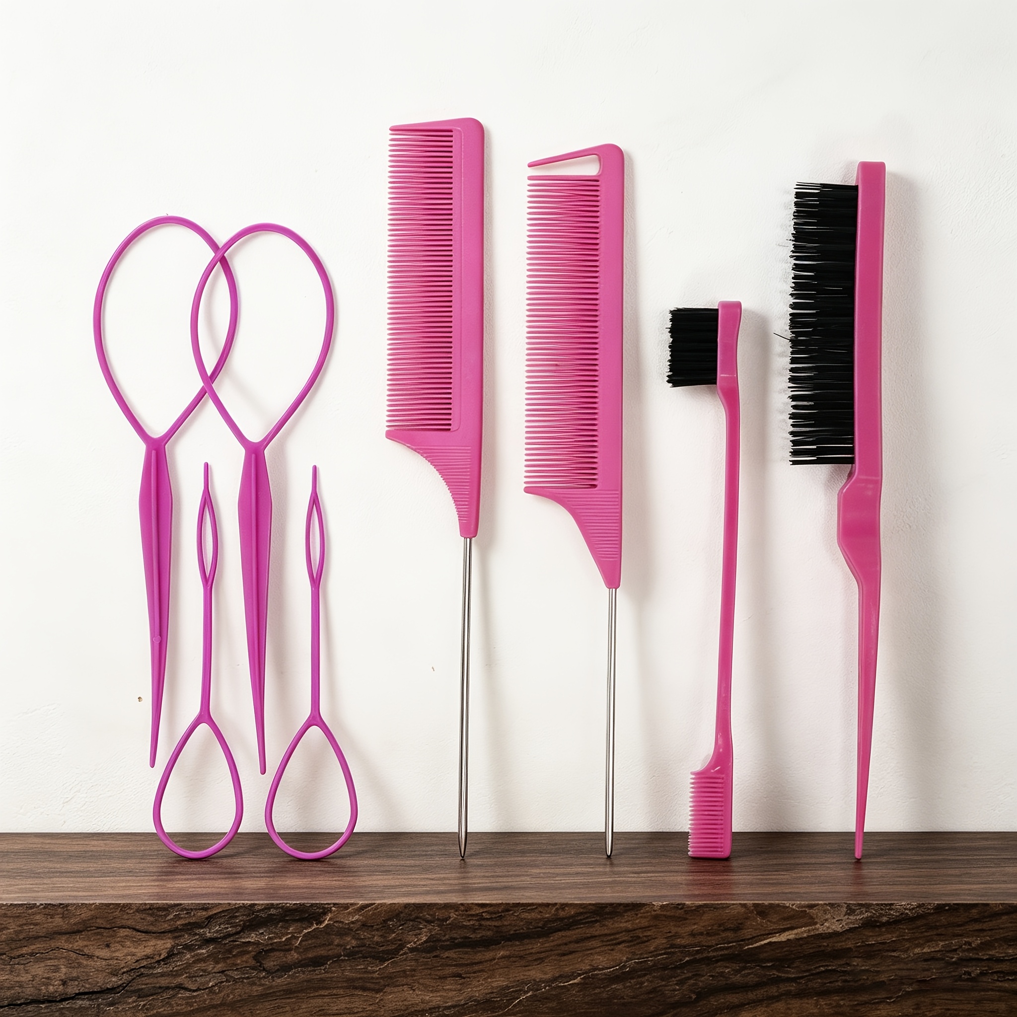 TEMU 8pcs Professional Hair Styling Comb Set With Torn Comb, Pointed Tail Comb, Edge Brush & Weaving Tools - Suitable For Male & Female Hairstyles,
