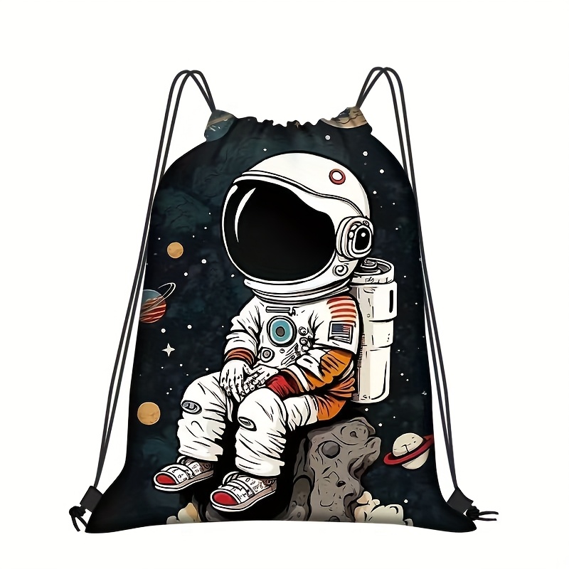 1pc Astronaut Drawstring Backpack - Lightweight Polyester Storage Bag With Functional Pockets, Suitable For Fitness, Yoga, And Travel, Softshell Design, Drawstring Closure, Gym Drawstring Bag