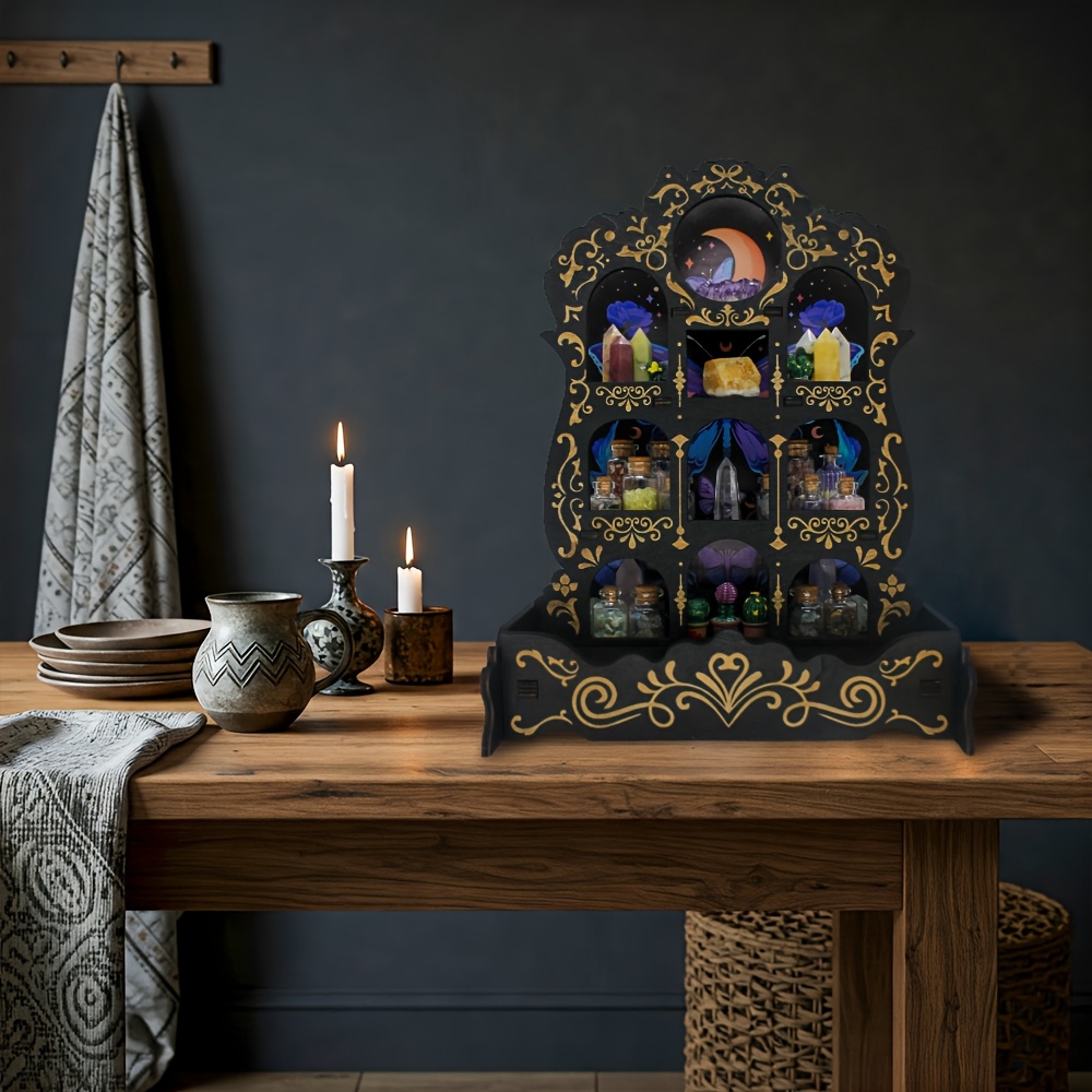 1 Stck * Bohemian-Stil Holzsockel mit Mond- & Blumenmuster  Knstlicher  *-Ausstellungsregal fr Wohnzimmer, Schlafzimmer, therisches l-Halterung  & Meditation Kunst Spirituelles Geschenk