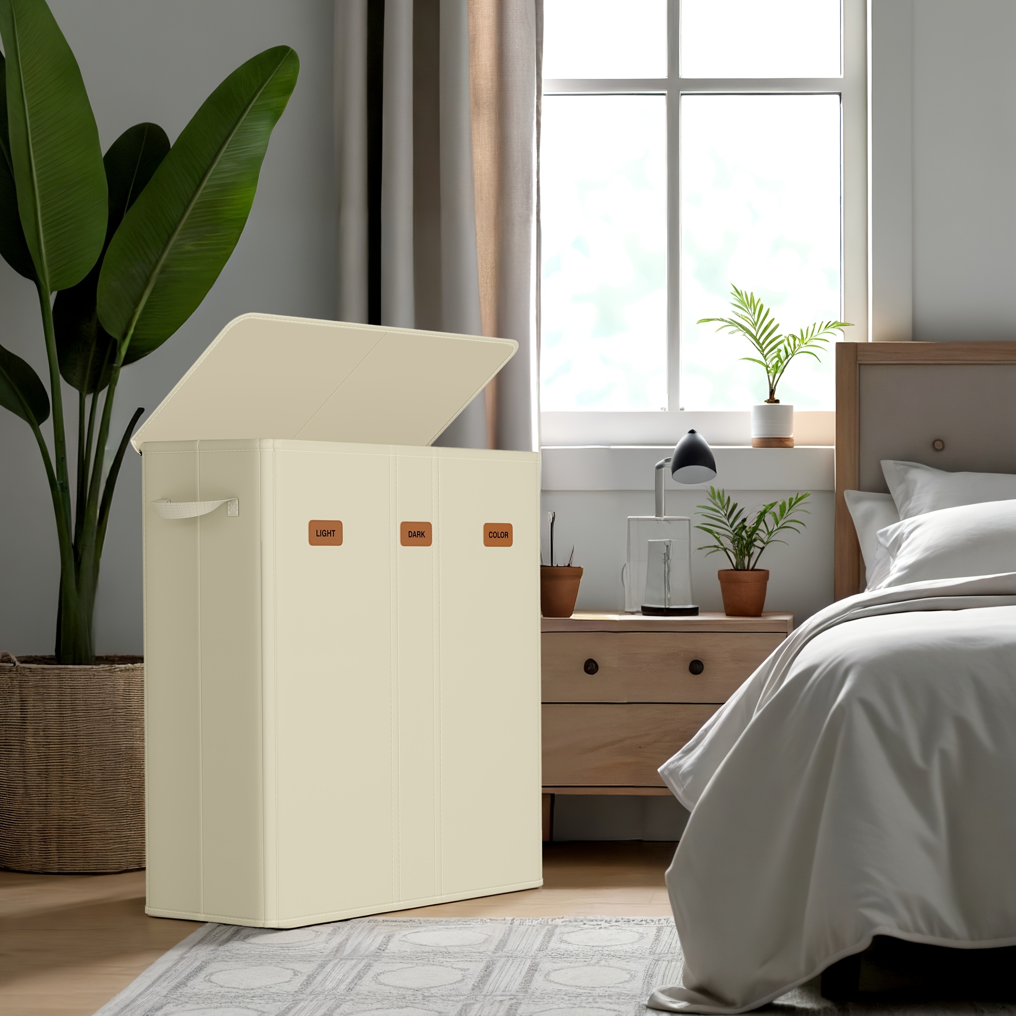 Image of Practical Laundry Collector With Lid, Suitable For Laundry Rooms And Environments. With 3 Compartments, 5 Labels And A Capacity Of 160 . The Inner Bag Is Washable And Removable., Laundry Hampers