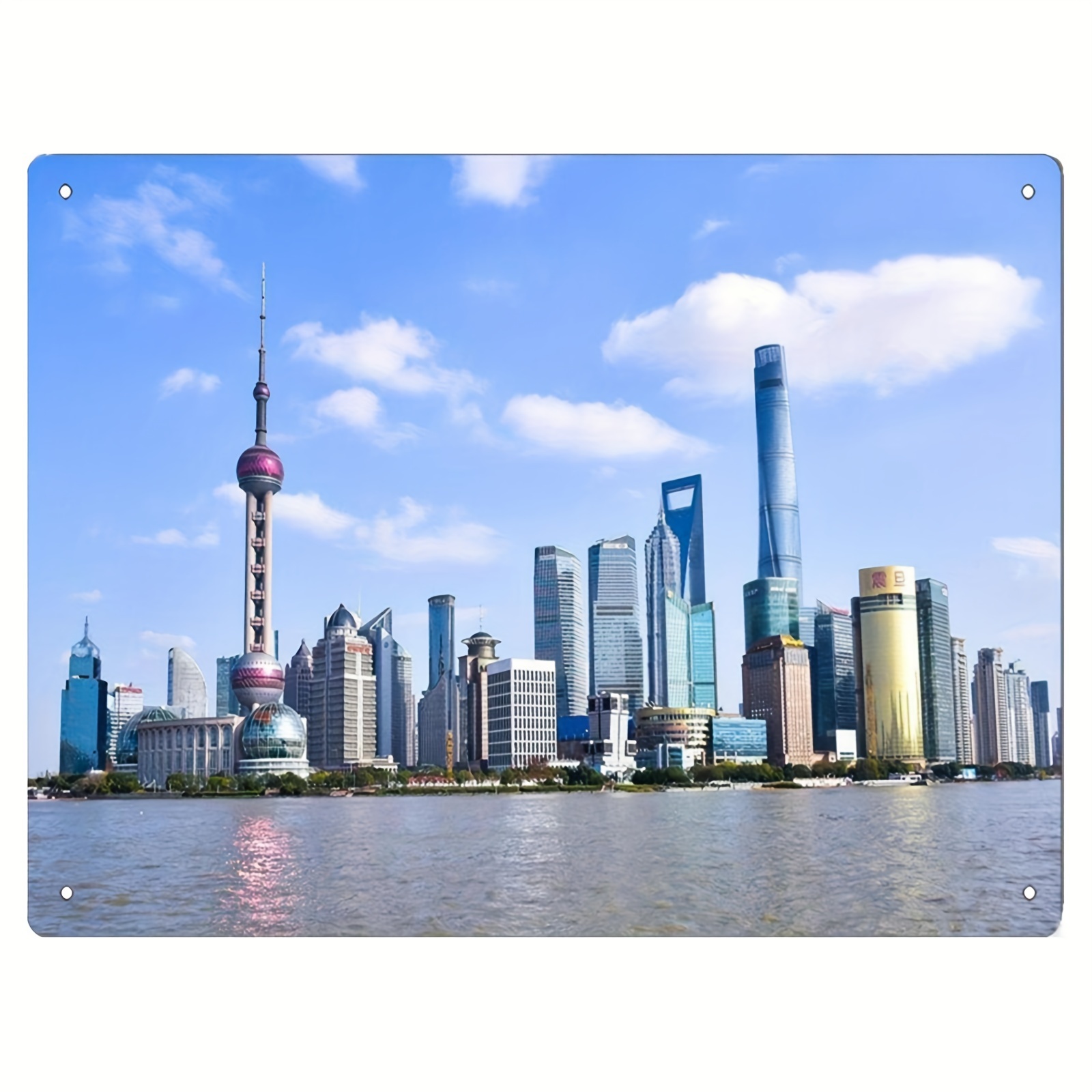 elegant shanghai skyline metal wall art waterproof iron poster for home office decor perfect for travel enthusiasts 8x12 inches 0